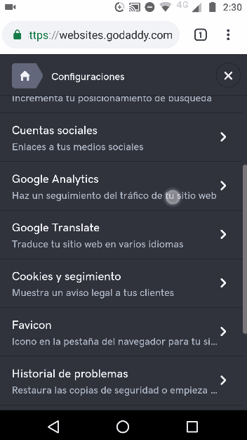 configuracion del creador de sitios de godaddy version movil para celulares y smartphones