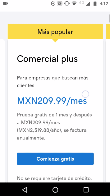 paso 1 seleccionar el plan comercial plus del creador de sitios de godaddy desde el celular