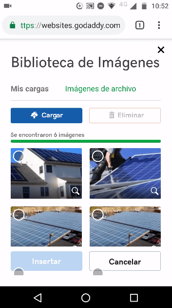 paso 6c biblioteca de imagenes del creador de sitios de godaddy version movil