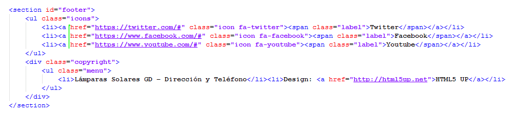 Paso 10 Editar pie de pagina y redes sociales - como crear una pagina web en html