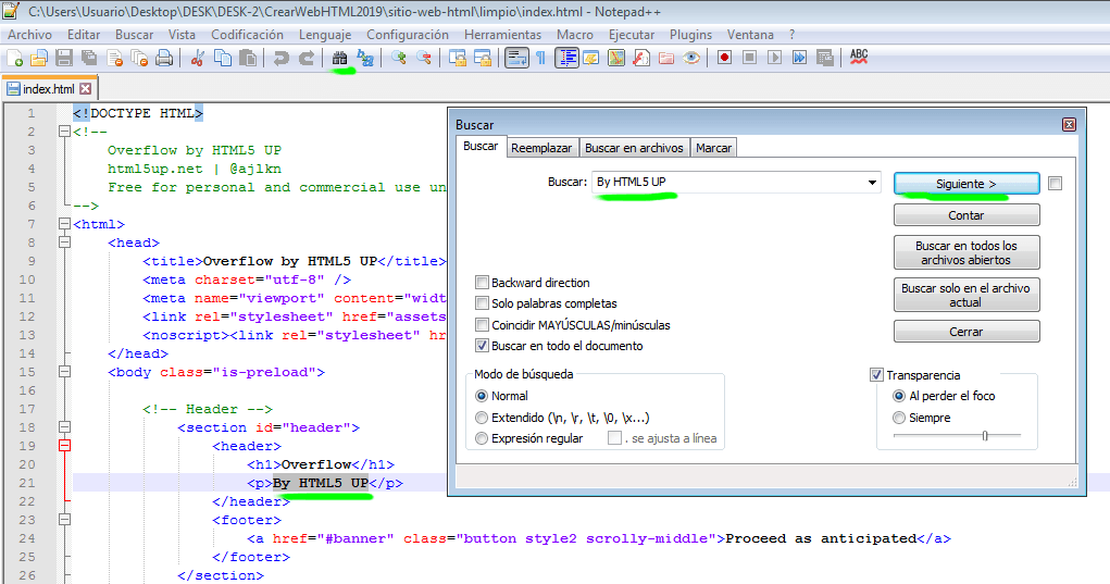 Paso 5 Buscar y sustituir textos - como crear una pagina web en html