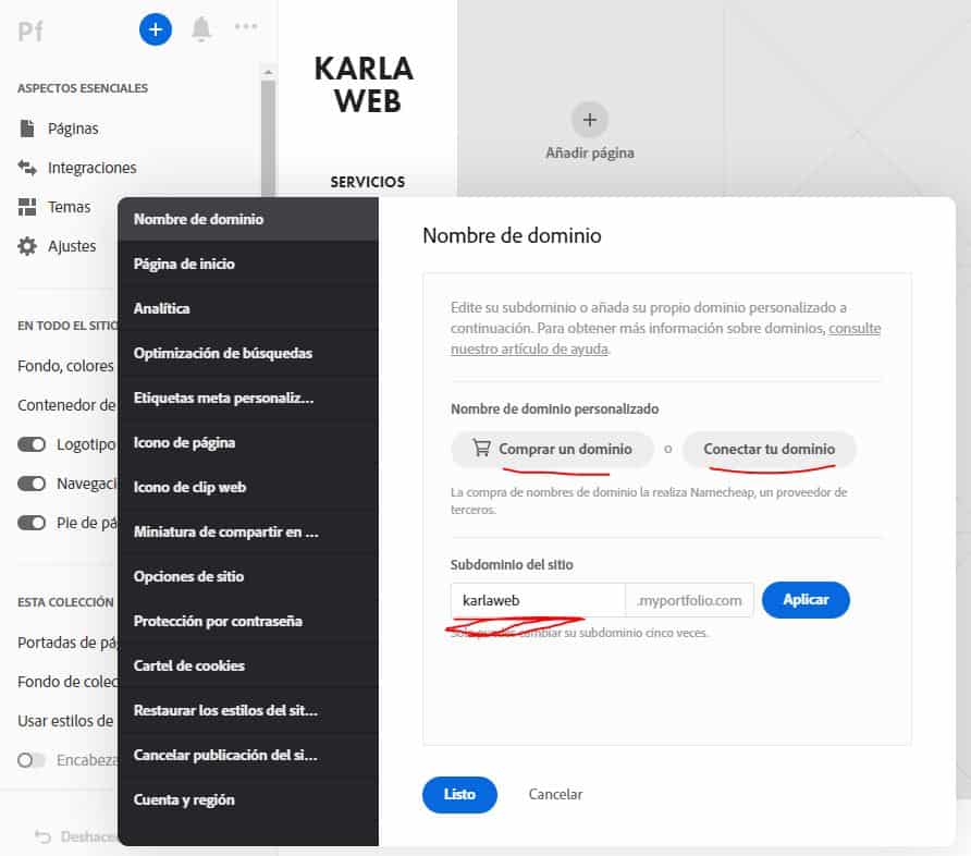 Conectar dominio personalizado en Adobe Porfolio