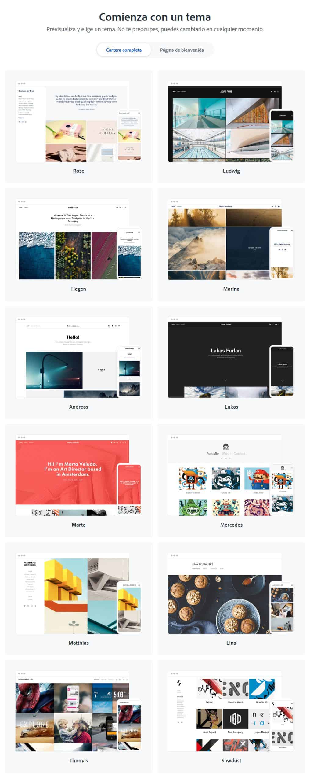 Elegi un Tema para tu Página Web con Adobe Portfolio