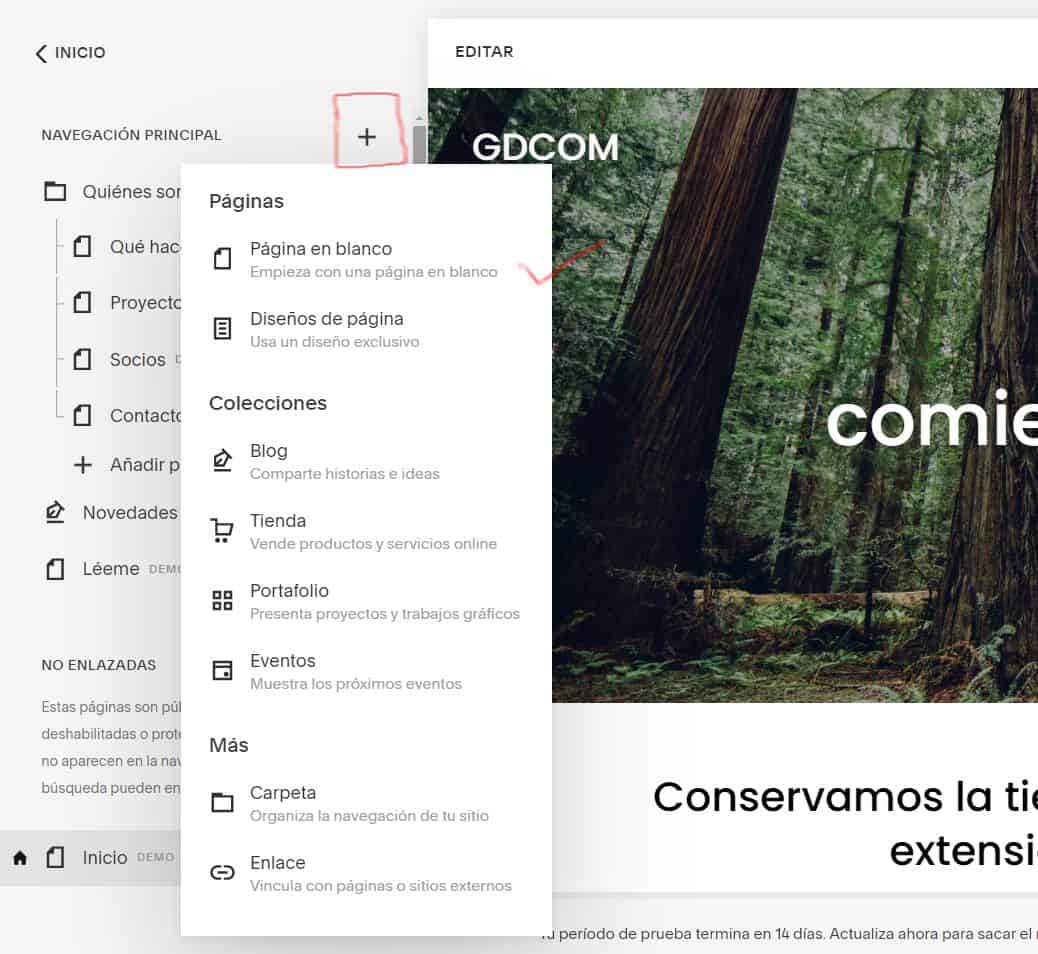 Agregar una página nueva al sitio web con Squarespace