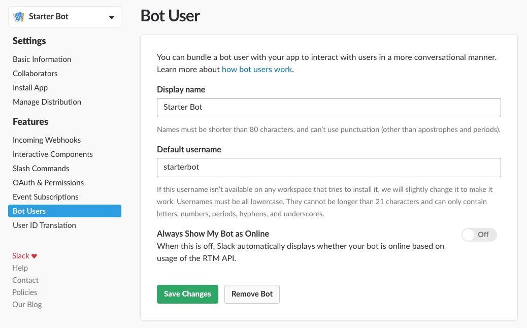 Se agregó un usuario de bot a la aplicación Slack.