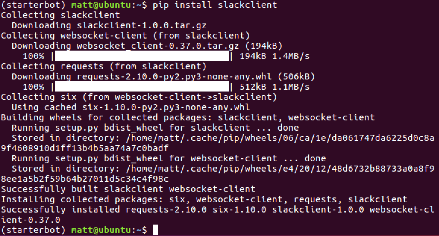Resultado del uso del comando pip install slackclient con un virtualenv activado.