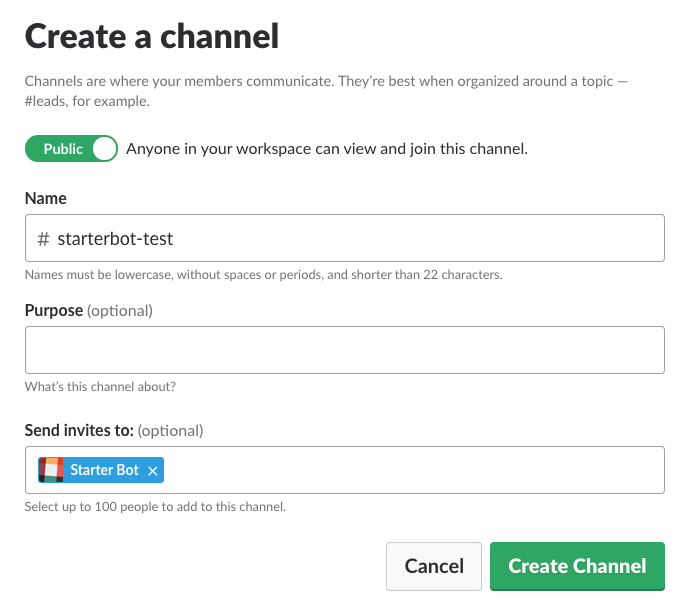 En la interfaz de usuario de Slack, cree un nuevo canal e invite a StarterBot.