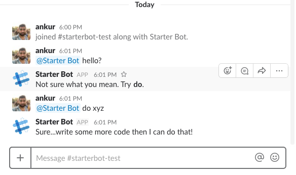 Da comandos a StarterBot en tu canal de Slack.