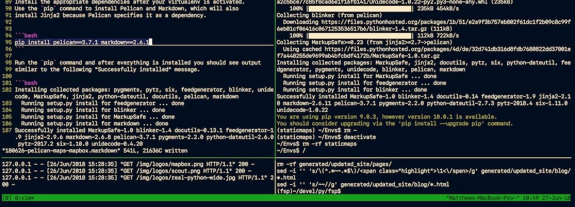 tmux plus Vim editor sobre un fondo oscuro.