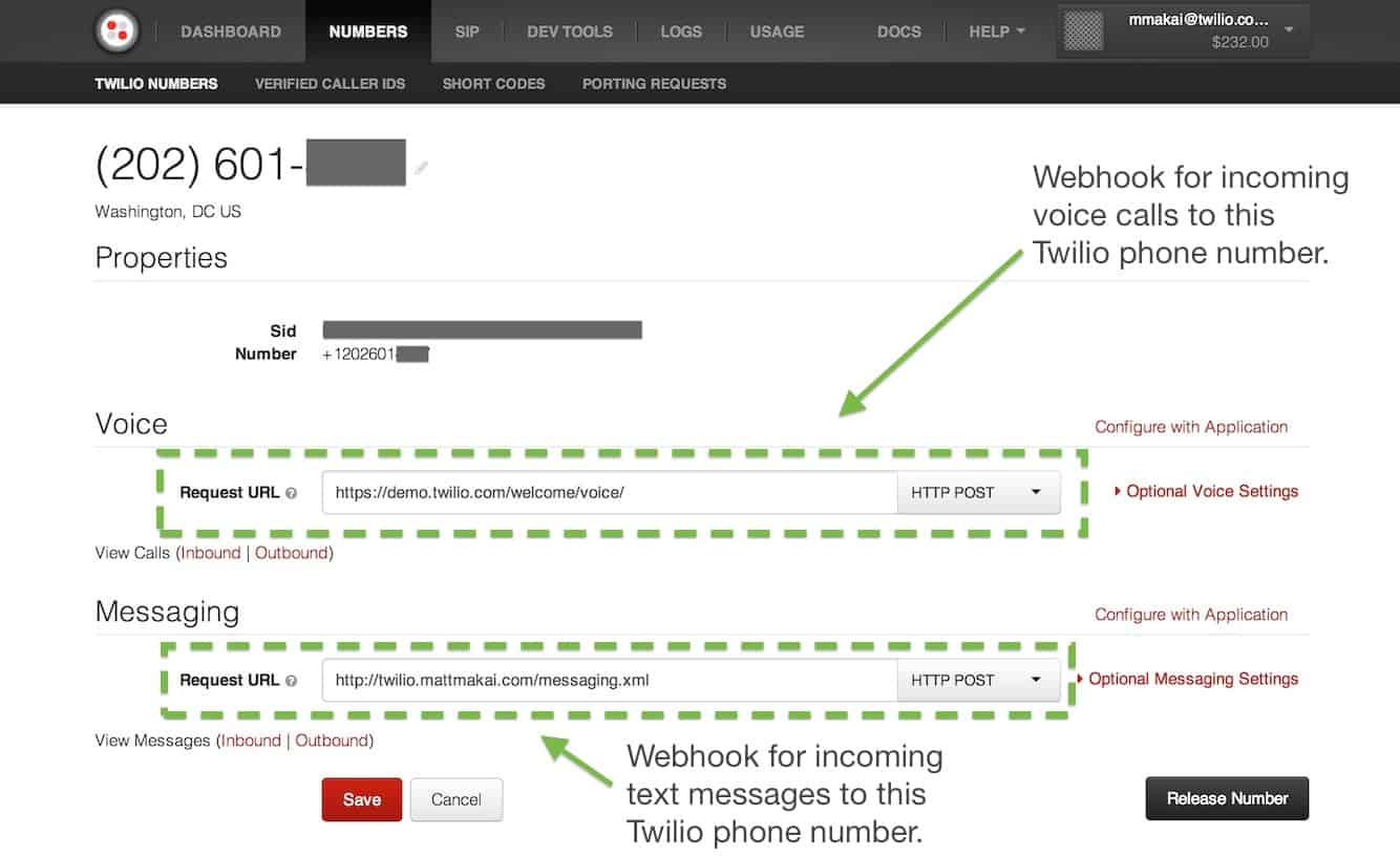 Definición de webhook en la API de Twilio.