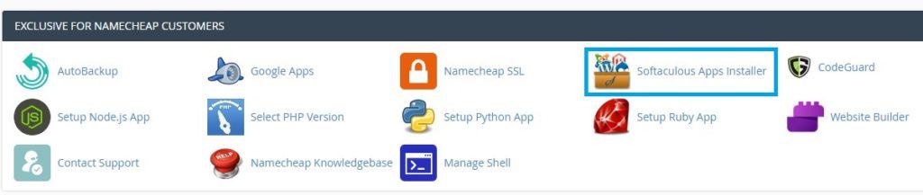 Instalador de aplicaciones Softaculous ubicado en la sección Exclusivo para clientes de Namecheap