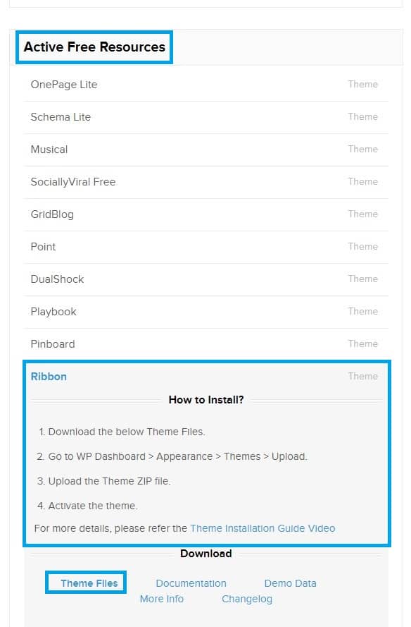 Recursos activos gratuitos y haga clic en Archivos de tema