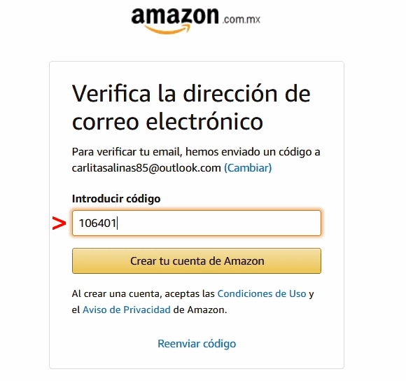 paso 1.3 ingresamos el codigo para verificar la cuenta de Amazon Mexico