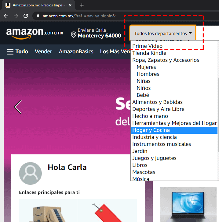 paso 2 explora los departamentos de la tienda en linea de Amazon México