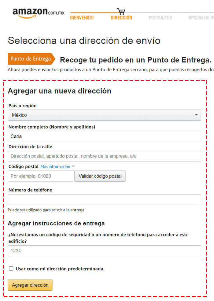 paso 5 agrega la dirección a donde quieres que te envíen tu producto