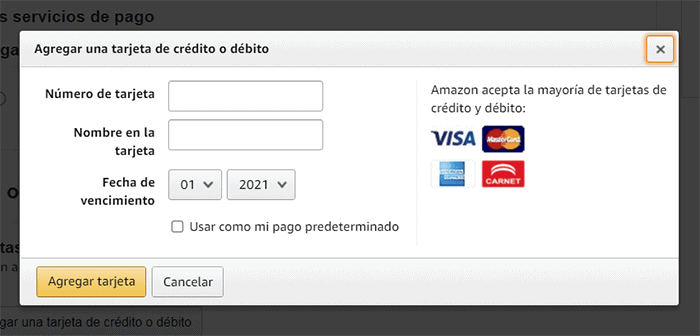 paso 6.1 compra en Amazon con tarjeta de crédito o débito