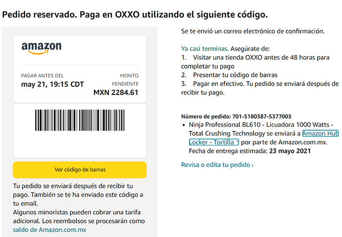 paso 6.6 código de barras de Amazon para pagar en Oxxo