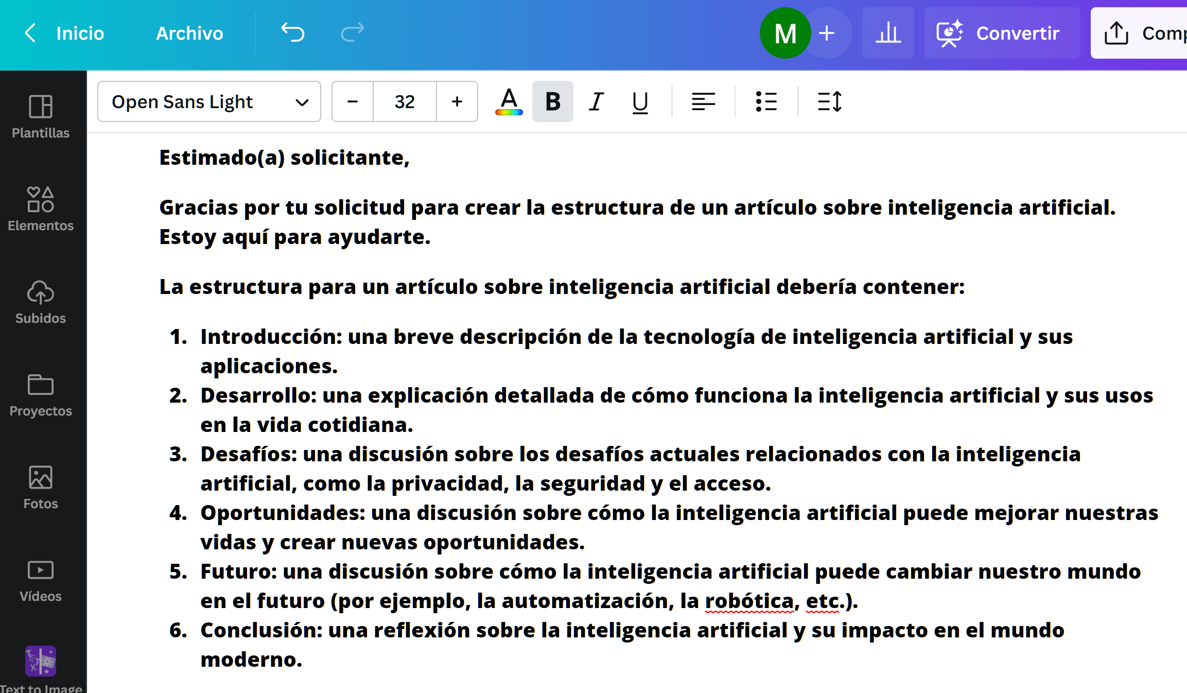 Genera la estructura de un articulo o de un tema especifico con IA min